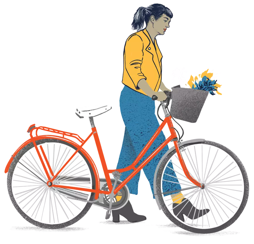 Cyclist walking bike with flowers in the basket - DrumRole